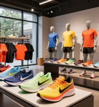 A vibrant Nike running store interior, showcasing a neatly organized array of colorful running shoes and athletic apparel. In the foreground, a sleek display featuring the latest Nike Air Zoom running shoes, with bright lighting highlighting their design. The middle space includes a section with mannequins dressed in stylish, professional running gear, positioned against a modern, minimalist backdrop that emphasizes the high-tech feel of the products. The background reveals large glass windows allowing natural light to flood in, creating an inviting atmosphere. The overall mood is energetic and inspiring, reflecting a place where running enthusiasts can find the best gear. Capture the scene from a slightly low angle to emphasize the store's height and vibrant colors, with a warm and dynamic illumination that enhances the merchandise.