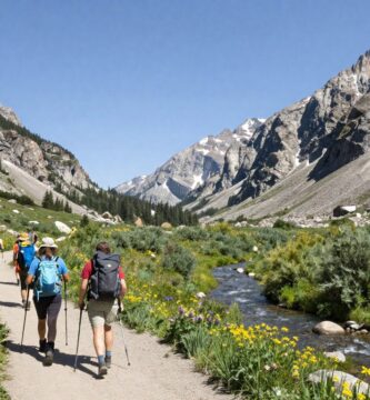 Hikers on trail in Cascade Canyon at Grand Teton